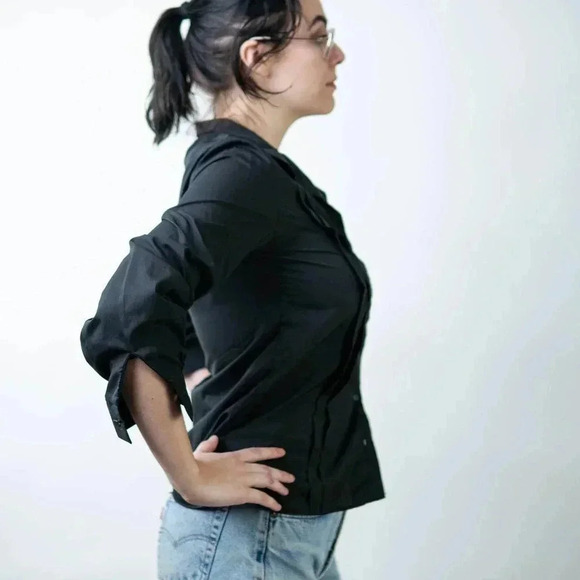 Vintage 90s Sheer Black Pleated Button Down Blouse - Picture 6 of 8